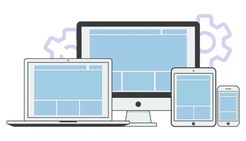 Illustration of a desktop computer, laptop, tablet, and smartphone displaying similar blue layouts, representing responsive design websites.