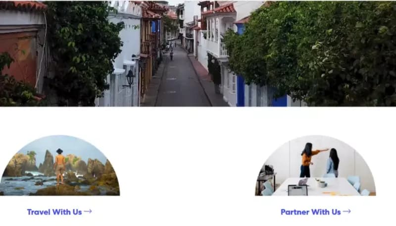 A website displaying images of people walking along a street, showcasing travel experiences with Expedia.