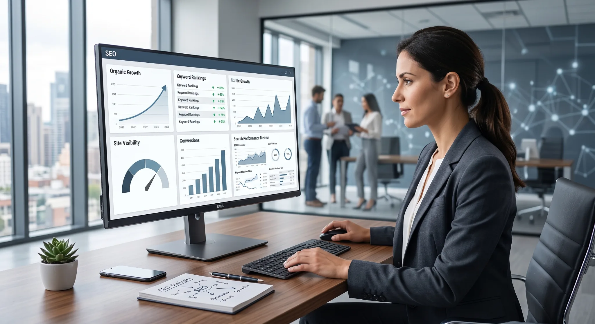 Integrated seo & website operations dashboard tracking organic growth, traffic, and conversions